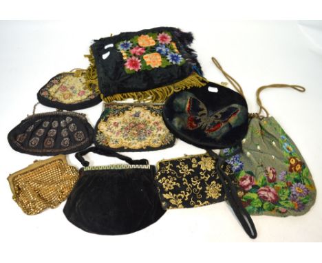 Various antique and vintage evening bags to include embroidered and tapestry examples, beaded and silk examples, also a small