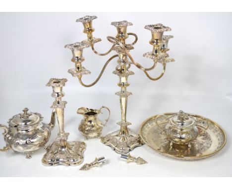 A quantity of silver plated items, a silver plated three piece tea service, candelabra etc.