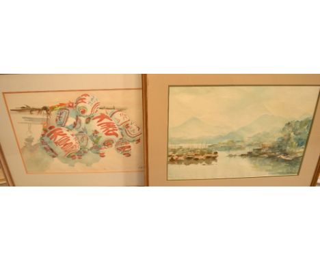 R. B. CHACK; watercolour, Chinese lanterns, 34 x 50.5 and another by the same artist, Chinese landscape, 37 x 53cm, both sign