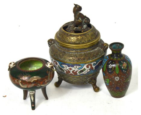 Three pieces of Japanese cloisonné to include an incense burner with temple dog finial, a small baluster vase decorated with 