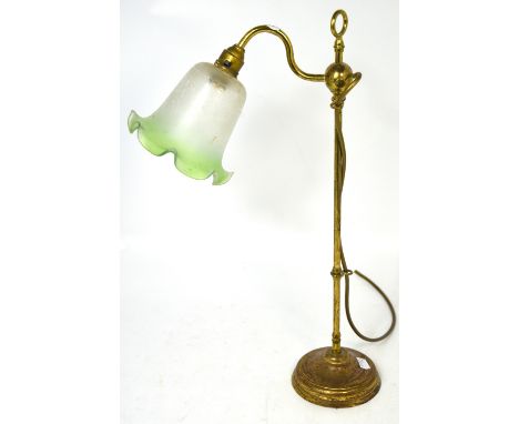 A vintage brass angle poise desk lamp with fluted green glass shade, height 53cm.