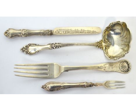 A William IV hallmarked silver fork, Edinburgh 1832, a Victorian hallmarked silver knife, a sterling silver ladle and a pickl