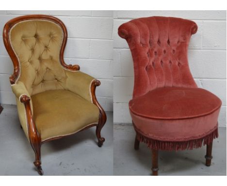 A Victorian walnut spoon back armchair and a cerise upholstered button back low chair on front turned legs (2). CONDITION REP