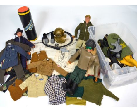 Three original Action Man figures with felt hair and a quantity of original uniforms and clothes to include diver's outfit an