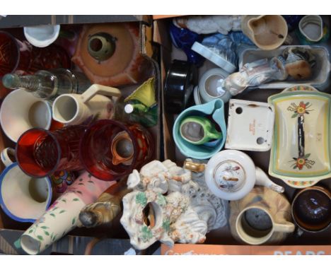 A quantity of ceramic and glassware to include Art Deco jugs, Crown Ducal bookends, a Staffordshire flatback (af), Bohemian s