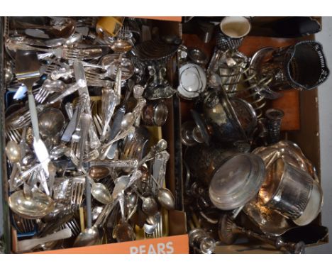 A quantity of silver plated items and flatware to include a toast rack, a three branch candelabra and a tea caddy etc.