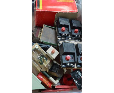 A quantity of Hornby railway items to include station, points, a small quantity of track, tin plate engine etc.