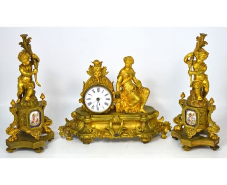 A 20th century clock garniture, the white dial set with Roman numerals and decorated with a classical maiden and a cherub and