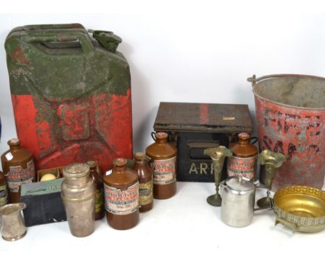 A collector's lot comprising vintage green and red petrol canister, an A.R.P. black tin, a fire bucket, a small quantity of s
