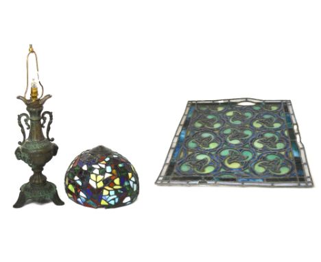 An ornate metal lamp with Tiffany style glass shade and a vintage Art Nouveau style stained glass window panel (2).