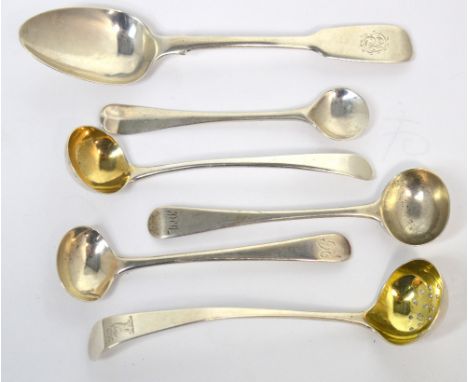 Four George III hallmarked silver ladles to include a silver gilt example and a silver gilt sifting ladle, length of largest 