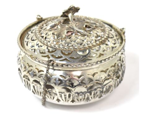 A George V hallmarked silver pierced censer with rose finial, maker George Nathan and Ridley Hayes, Chester 1910, approx 6.8o