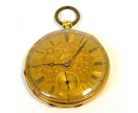 An 18ct gold engine turned open face pocket watch the gilded dial set with Roman numerals and baton numerals and subsidiary s