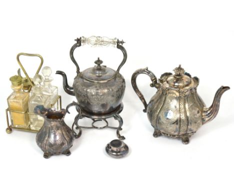 A quantity of silver plated item to include a Victorian silver plated teapot and matching jug.