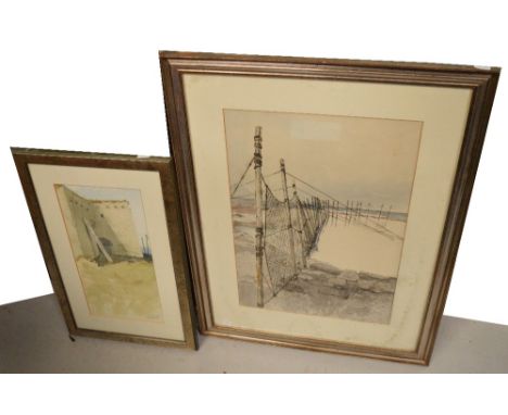 CRAWFORD; a watercolour and pen and ink, 'Sea Nets, Boddon', signed and dated lower left, 53 x 34cm and Crawford; 'Winter Lig