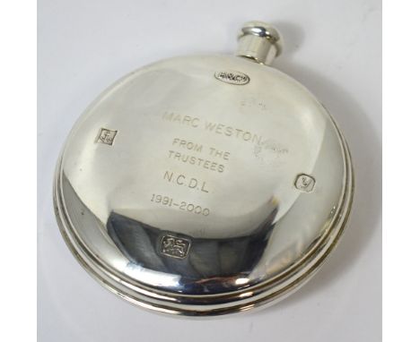 An Elizabeth II hallmarked silver circular flask with inscription, 'Marc Weston from the trustees M.C.D.L. 1991-2000', Birmin