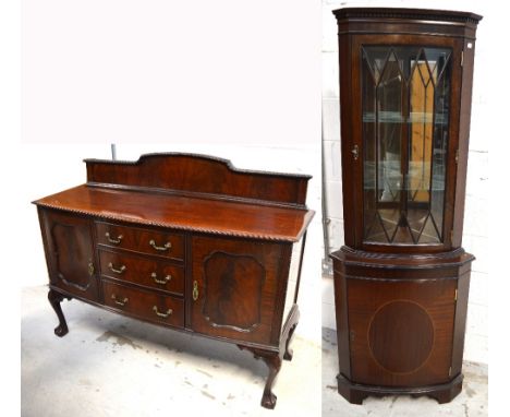 A reproduction mahogany sideboard on ball and claw feet, width 150cm and a similar corner display cabinet on bracket feet, wi