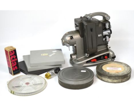 A boxed Bolex Paillard M8 projector and screen with accompanying accessories.