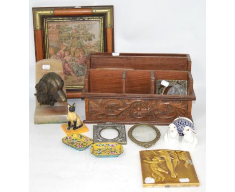 A small collector's lot to include a tapestry, a tile (af), various photograph frames to include two silver examples, a mille