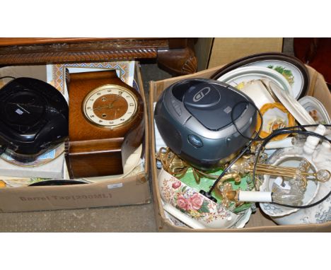 2 BOXES WITH GENERAL CERAMICS, MALING POTTERY, OAK FINISHED MANTLE CLOCK, DISPLAY PLATES ETC     