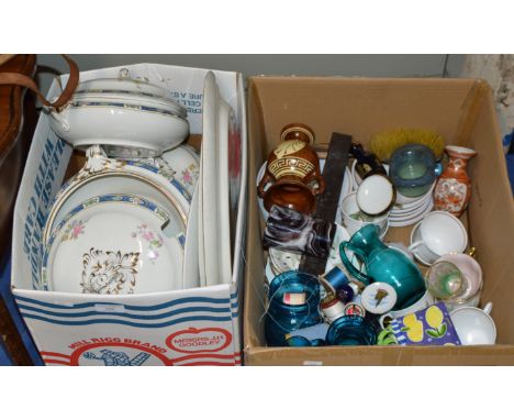 2 BOXES WITH QUANTITY BOOTHS DINNER WARE, SUSIE COOPER TEA WARE, ASSORTED GLASS WARE, SMALL JAPANESE KUTANI WARE VASE ETC    