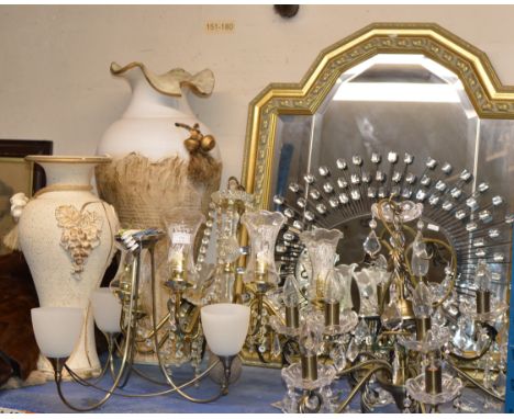 VARIOUS LIGHT FITTINGS, 2 LARGE DECORATIVE VASES, WALL CLOCK, WALL MIRROR ETC     