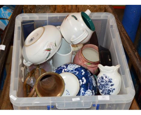 BOX WITH MIXED CERAMICS &amp; GLASS WARE, SELKIRK GLASS PAPERWEIGHTS, DENBY WARE, LUSTRE VASE, COPPER BUGLE ETC     