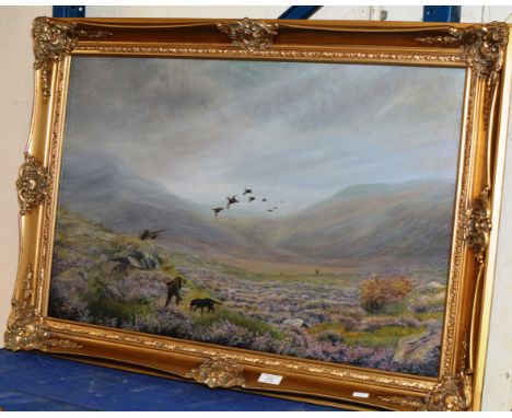 19½" X 29½" FRAMED OIL ON CANVAS - SHOOTING / HUNTING SCENE BY R. TYRIE