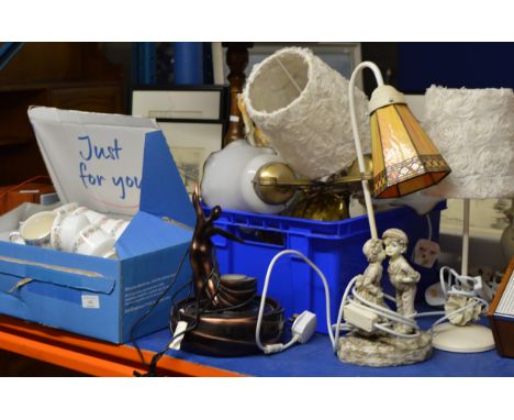 VARIOUS LAMPS &amp; 2 BOXES CONTAINING TEA WARE, LIGHT FITTINGS, DECORATIVE VASE, COSTUME BRACELETS ETC     