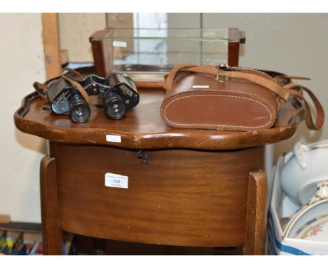 FLIP TOP SEWING TABLE, CASED PAIR OF MILITARY BINOCULARS &amp; ART DECO STYLE TROUGH     