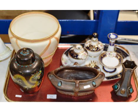 TRAY WITH CHINESE CLOISONNÉ LIDDED JAR, BRETBY POTTERY RUSKIN STYLE BOWL &amp; SIMILAR VASE, DRESSING TABLE SET ETC     