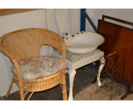 BASKET CHAIR, 1 OTHER CHAIR, DECORATIVE DISH, WINE RACK &amp; FIRE SCREEN     