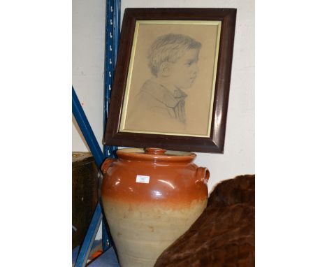 FRAMED PENCIL DRAWING - PORTRAIT OF A YOUNG BOY &amp; LARGE CERAMIC LIDDED JAR     