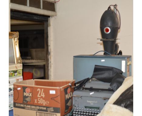 BOX WITH QUANTITY BRASS WARE, VINTAGE TYPEWRITER, TURNTABLE, PHOTO ENLARGER ETC     