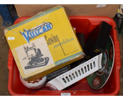 BOX CONTAINING MIXED CERAMICS, VINTAGE SEWING MACHINE, MANTLE CLOCK ETC     