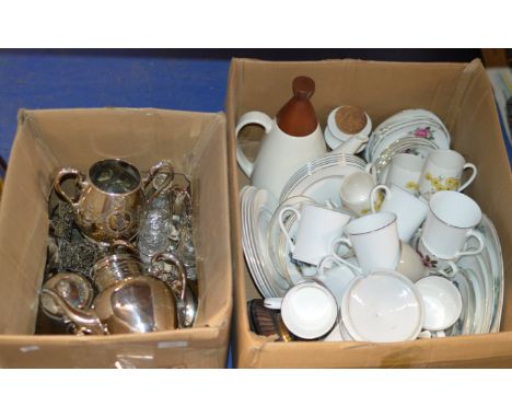 2 BOXES WITH ASSORTED EP WARE, VARIOUS TEA &amp; DINNER WARE, CIRCULAR BAROMETER ETC     