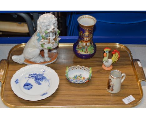 TRAY WITH GENERAL CERAMICS, DRESDEN BASKET, STERLING SILVER MOUNTED JUG, COCKEREL ORNAMENT, PORCELAIN DOG, COPENHAGEN DISH, C