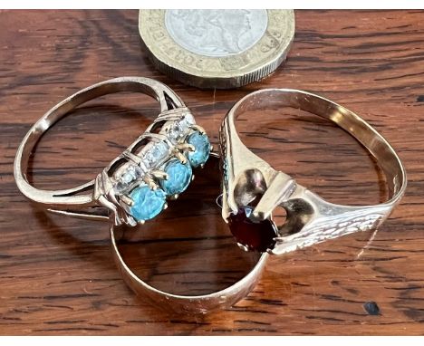9ct DRESS RING SET WITH AQUAMARINE AND DIAMONDS, ANOTHER SET WITH RUBY PLUS 9ct GOLD WEDDING BAND, TOTAL WEIGHT APPROX 10.6g