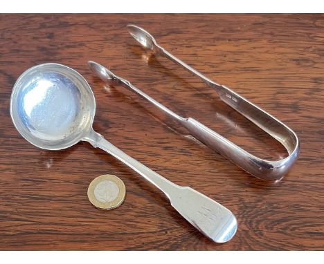 SILVER SAUCE LADLE, 1778, ALSO SILVER SUGAR TONGS, TOTAL WEIGHT APPROX 100g