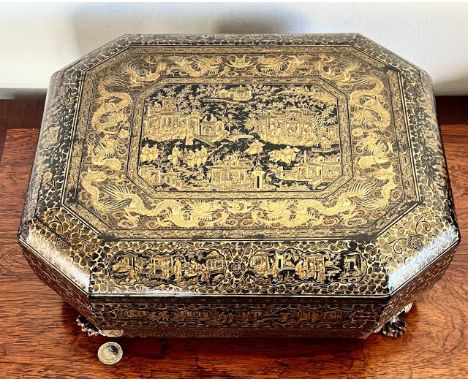 FINE CHINESE CANTONESE CHINOISERIE  DECORATIVE LACQUERED GAMES BOX, APPROX 39 x 31cm, CONTAINING COMPARTMENTS, THOMAS CRESWIC