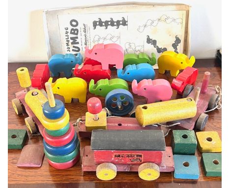 QUANTITY OF VINTAGE WOODEN TOYS, PULL A LONG TRAIN TRIANGG, BLOCKS, ETC