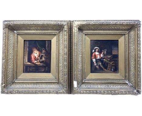 After David Teniers the Younger (Flemish 1610-1690): Cavalier in the Inn and Lady with a Lamp, pair oils on tin signed 'Tenie