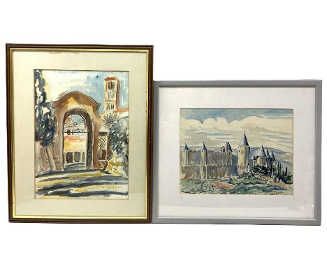 Gereth Spriggs (British 20th century): 'Gate of Villa Celimontana - Rome' , and 'Carcasonne - France', two watercolours signe