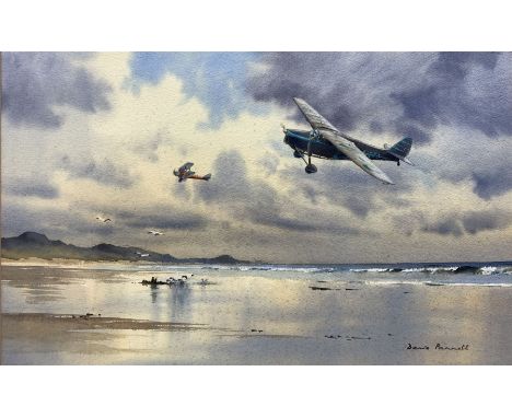 Denis Pannett (British 1939-): Vintage Propeller Planes Flying over Beach, watercolour signed 34cm x 53cm