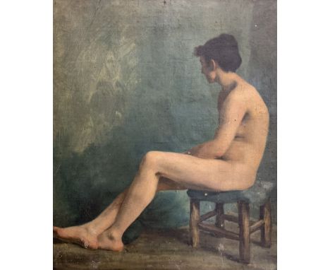 Circle of Henry Scott Tuke (British 1858-1929): Full Length Portrait of a Nude Youth, oil on canvas unsigned 76cm x 63cm (unf