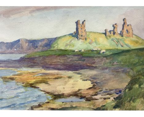 John Arthur Dees (Northern British 1875-1959): 'Dunstanburgh Northumberland - Evening Light Castle on Coast', watercolour sig