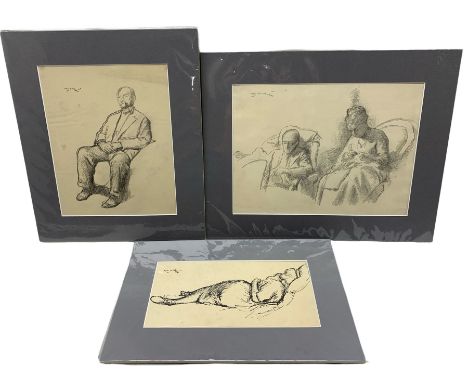 Harold Hope Read (British 1881-1959): 'Self Portrait' 'Interior Scene' and 'Lady at Rest', two pencil sketches and one pen an