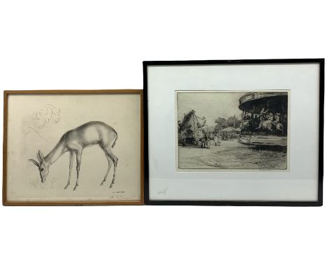 Mabel Catherine Robinson (British 1875-): Swingboats and Carousel at Fairground, etching signed together with after John Skea