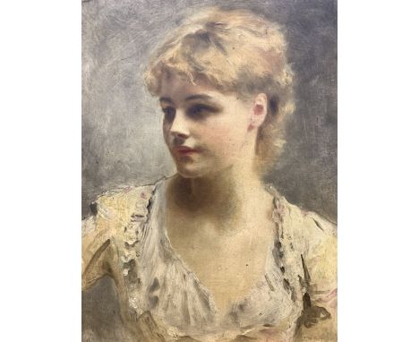 Gustave Jean Jacquet (French 1846-1909): Bust Length Portrait of a Lady, oil on panel signed 32cm x 23cm