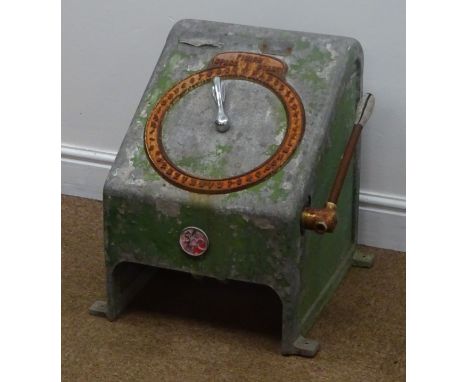 BAC white metal hand cranked ticket machine, the raised circular dial with adjustable central indicator, H51cm x W46cm x D50c